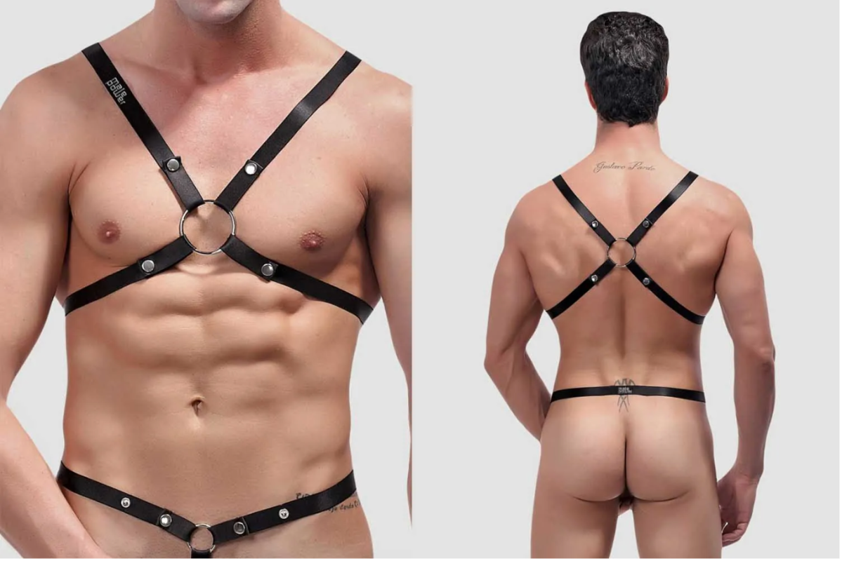 Male Power Shoulder Harness with C-Ring Waist Band Black